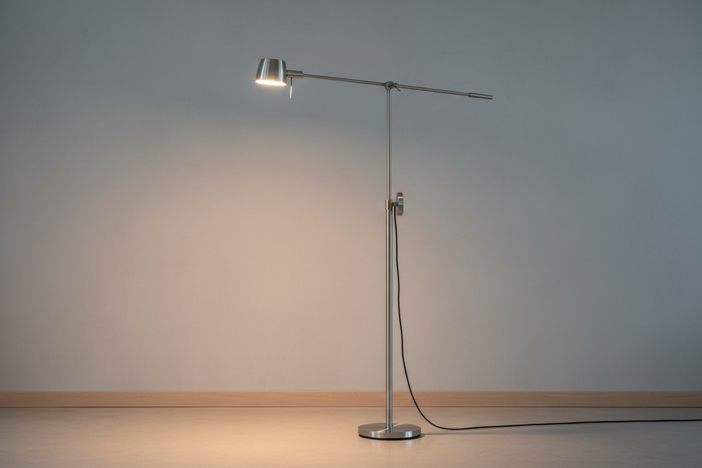 Adjustable floor lamp with sleek pole and adjustable head on a neutral background, realistic photo