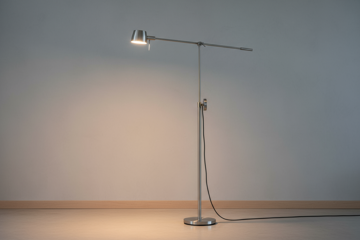 Adjustable floor lamp with sleek pole and adjustable head on a neutral background, realistic photo