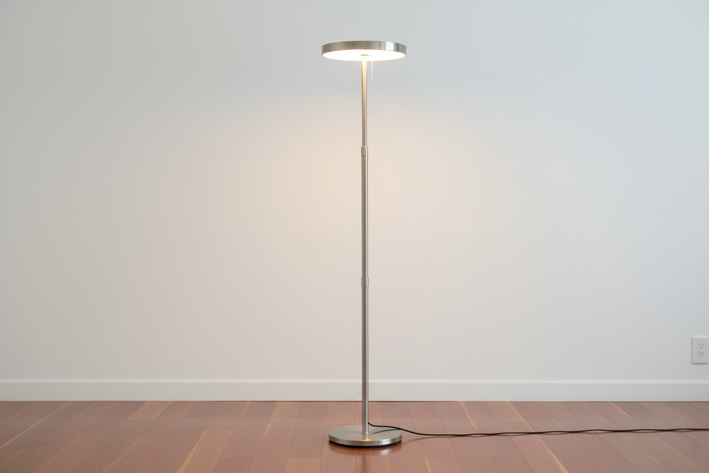 Adjustable floor lamp with sleek pole and adjustable head on a neutral background