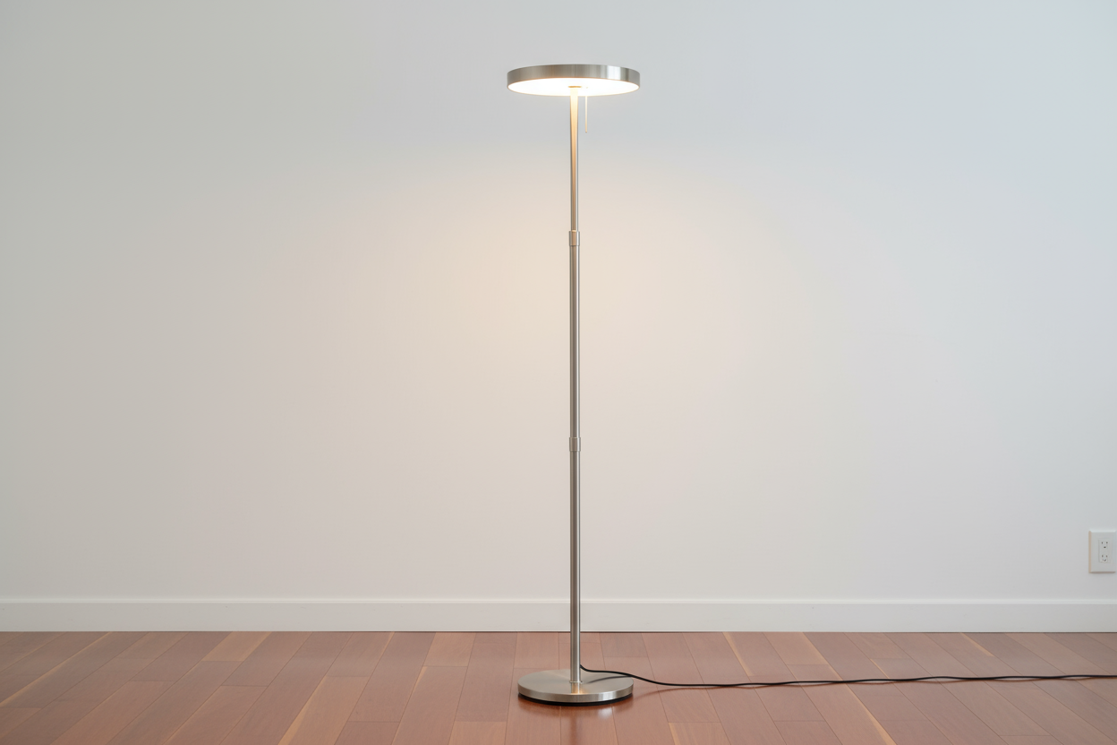 Adjustable floor lamp with sleek pole and adjustable head on a neutral background