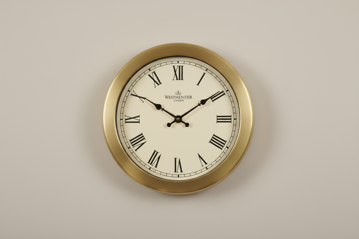 Classic round wall clock on a plain neutral background, realistic photo