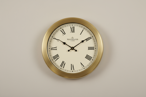 Classic round wall clock on a plain neutral background, realistic photo