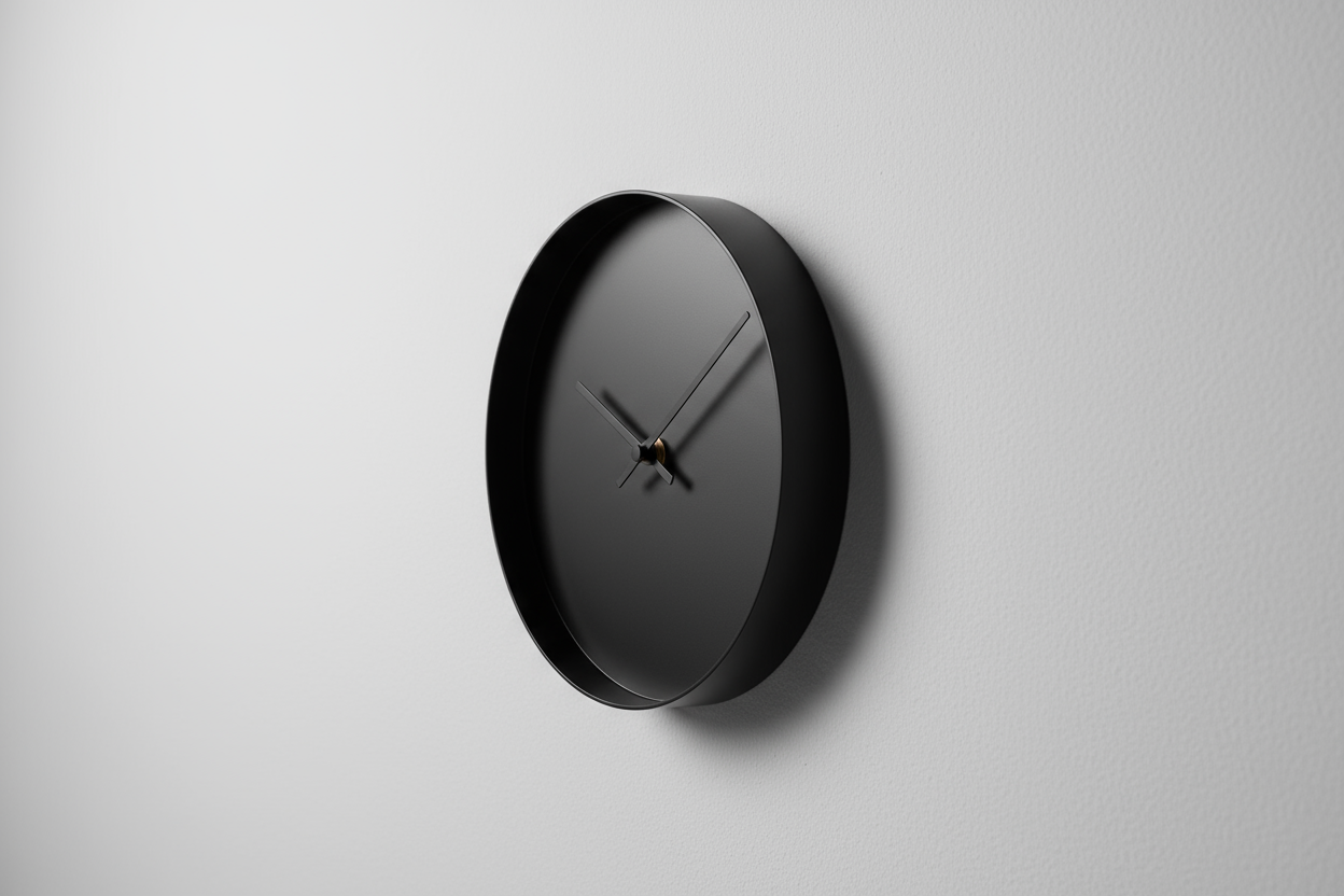 Contemporary black wall clock side view with minimalist design on a plain neutral background, realistic photo