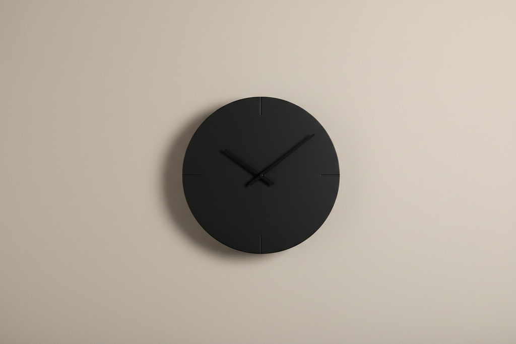 Contemporary black wall clock with clean lines on a plain neutral background, realistic photo
