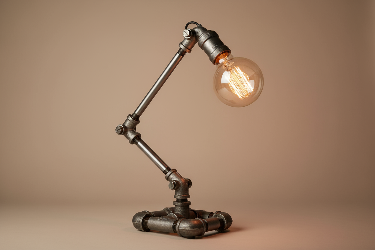 Industrial table lamp with metal accents and exposed bulb design on a neutral background, realistic photo
