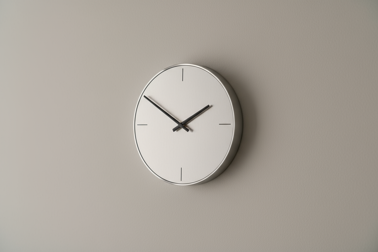 Modern minimalist wall clock on a plain neutral background, realistic photo.