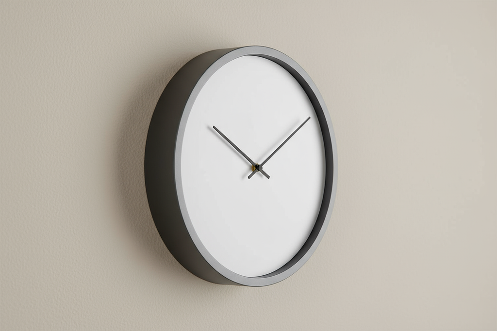 Modern minimalist wall clock side view on a plain neutral background, realistic photo