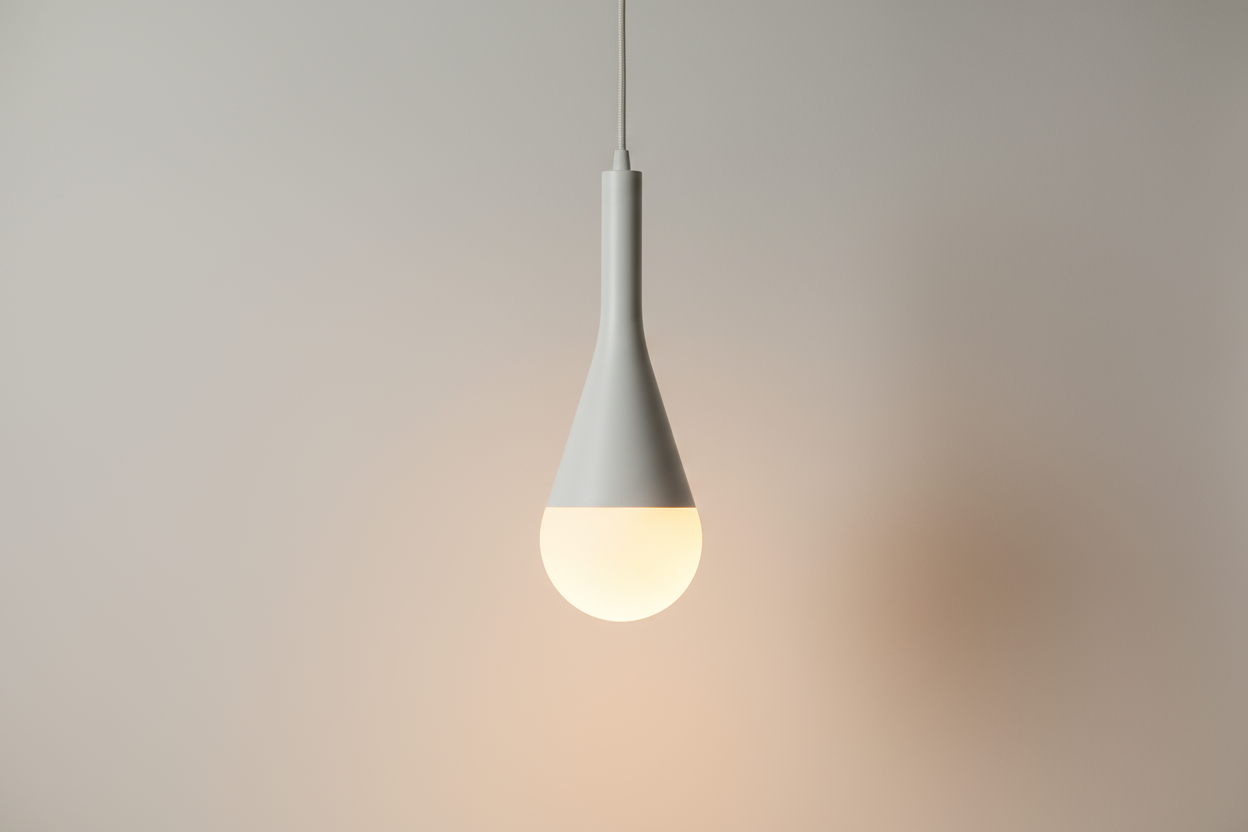 Modern pendant lamp with clean design and warm light on a plain neutral background, realistic photo