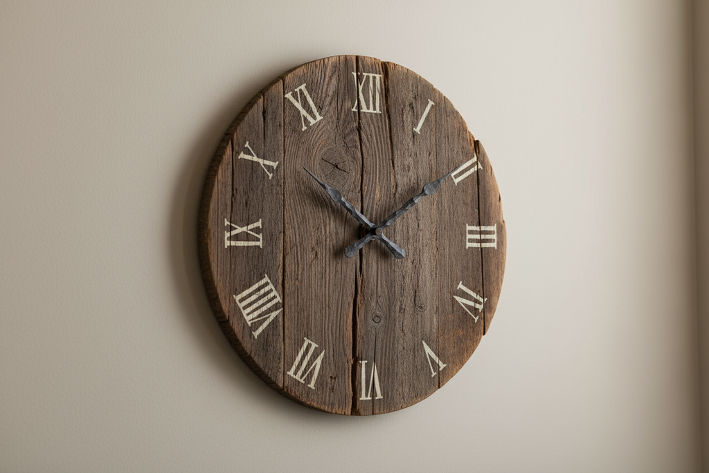 Rustic wooden wall clock on a plain neutral background, realistic photo. 