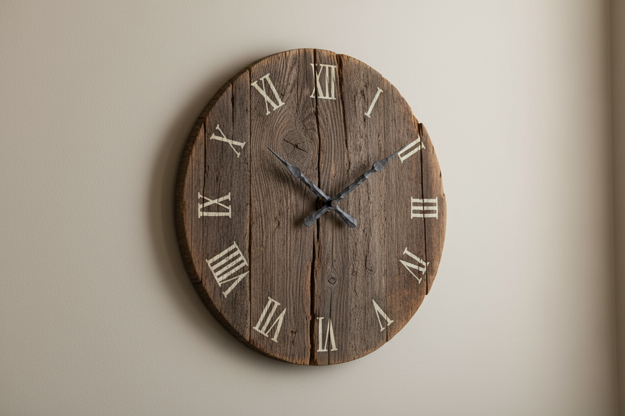 Rustic wooden wall clock on a plain neutral background, realistic photo. 