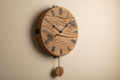 rustic wooden wall clock with a neutral background