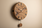 rustic wooden wall clock with a neutral background