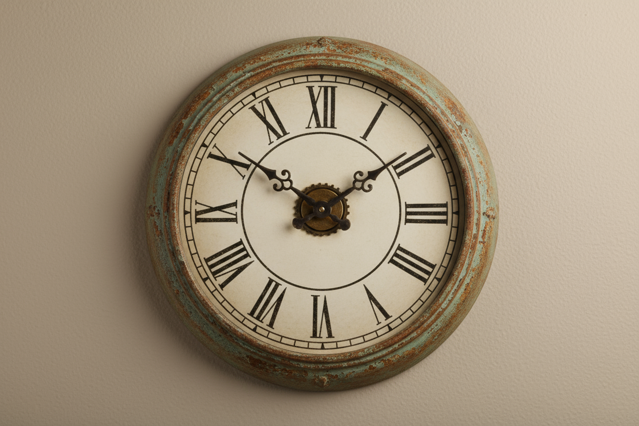 Vintage metal wall clock with distressed metal frame and bold numerals on a plain neutral background, realistic photo